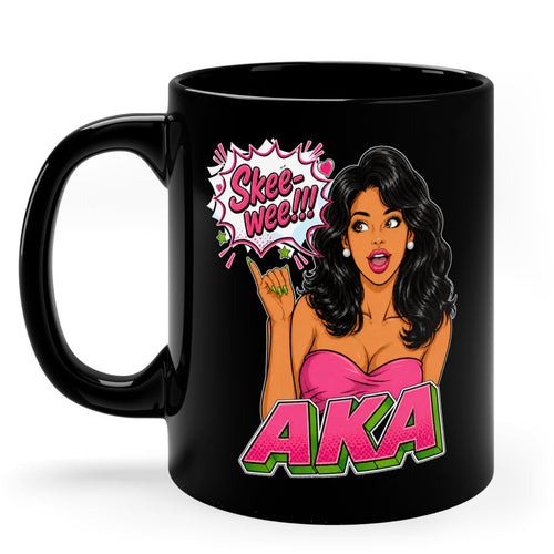 Black ceramic coffee mug featuring an AKA-inspired cartoon woman with long black hair, pearl earrings, and a pink dress. The design includes a comic-style speech bubble that says "Skee-wee!!!" above bold pink and green AKA lettering, creating a fun sorority-inspired coffee mug gift for members and supporters.