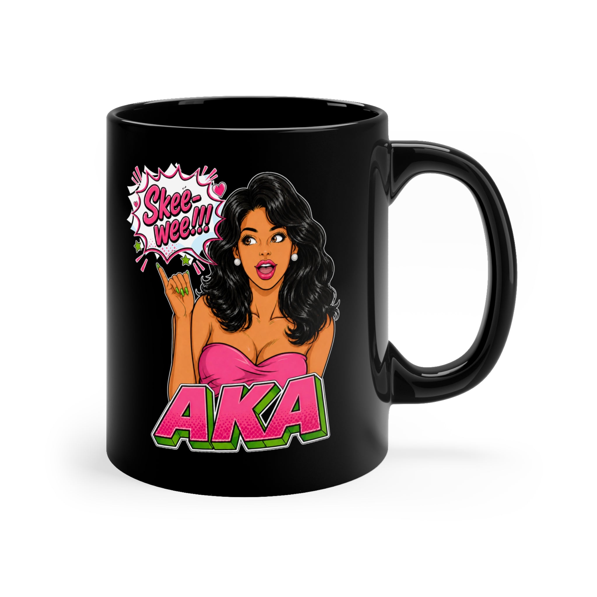 Black ceramic coffee mug featuring an AKA-inspired cartoon woman with long black hair, pearl earrings, and a pink dress. The design includes a comic-style speech bubble that says "Skee-wee!!!" above bold pink and green AKA lettering, creating a fun sorority-inspired coffee mug gift for members and supporters.
